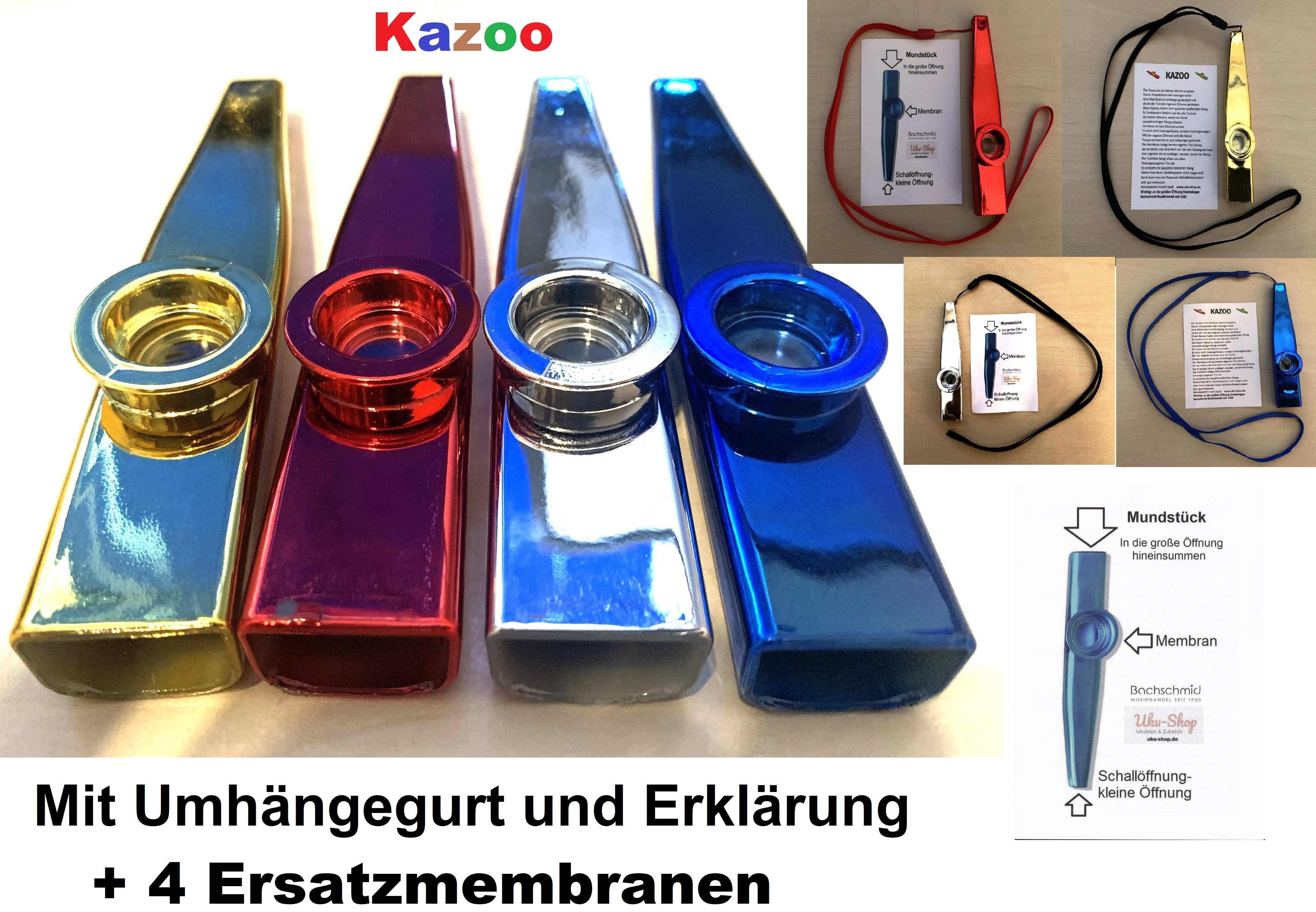 4 x Kazoo  in den Farben: Gold-Silber-Rot-Blau + 4 x Umhängegurte + 4 Ersatzmembranen