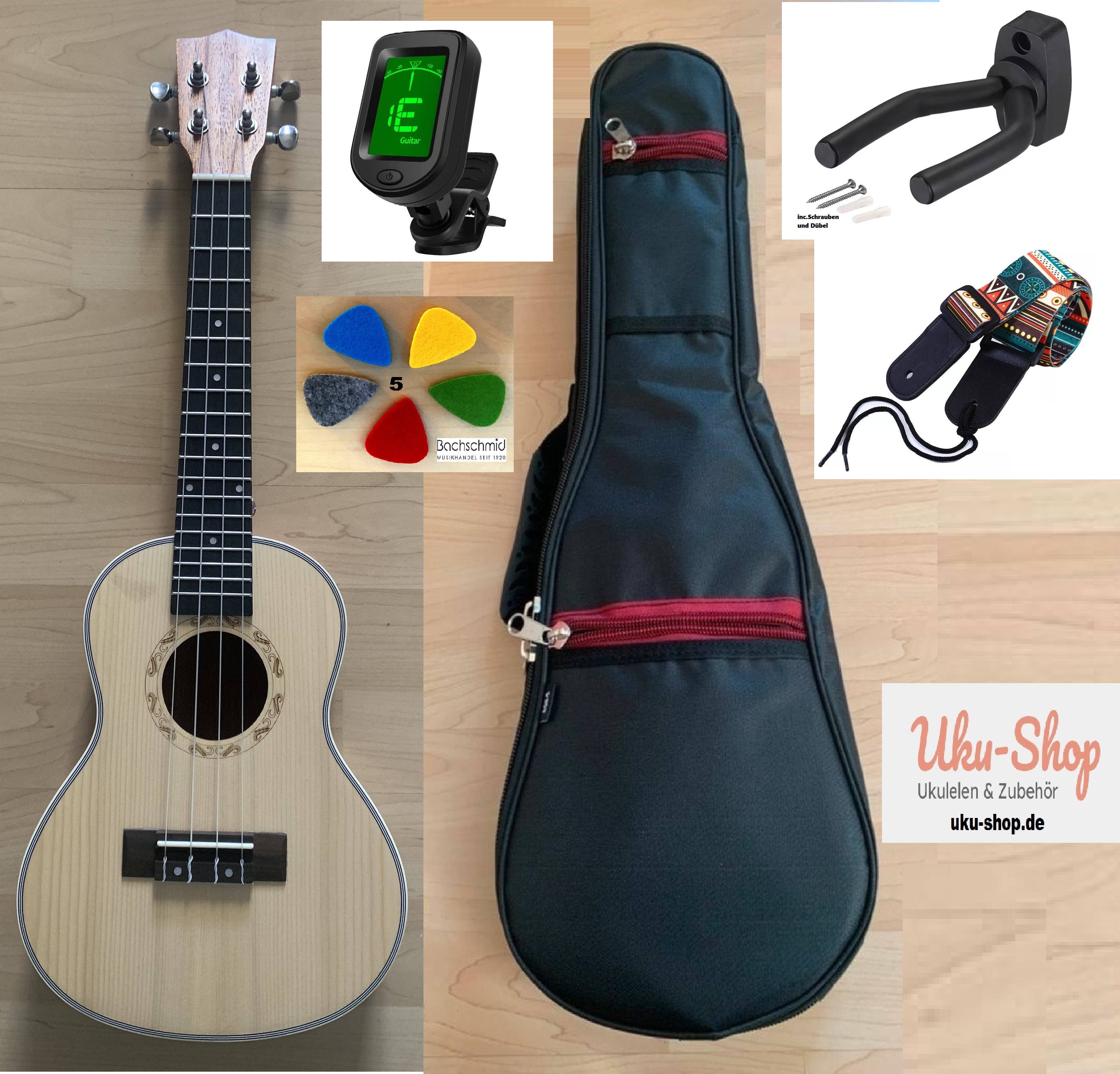 Konzert Ukulele mit massiver Fichtendecke + Zubehör zum Sonderpreis Konzert Ukulele mit massiver Fichtendecke + Zubehör zum Sonderpreis