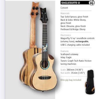 Ortega Konzert Ukulele EAGLESUITE mit Elite Gigbag UVP: 429.90 Euro SP: 299.--Euro