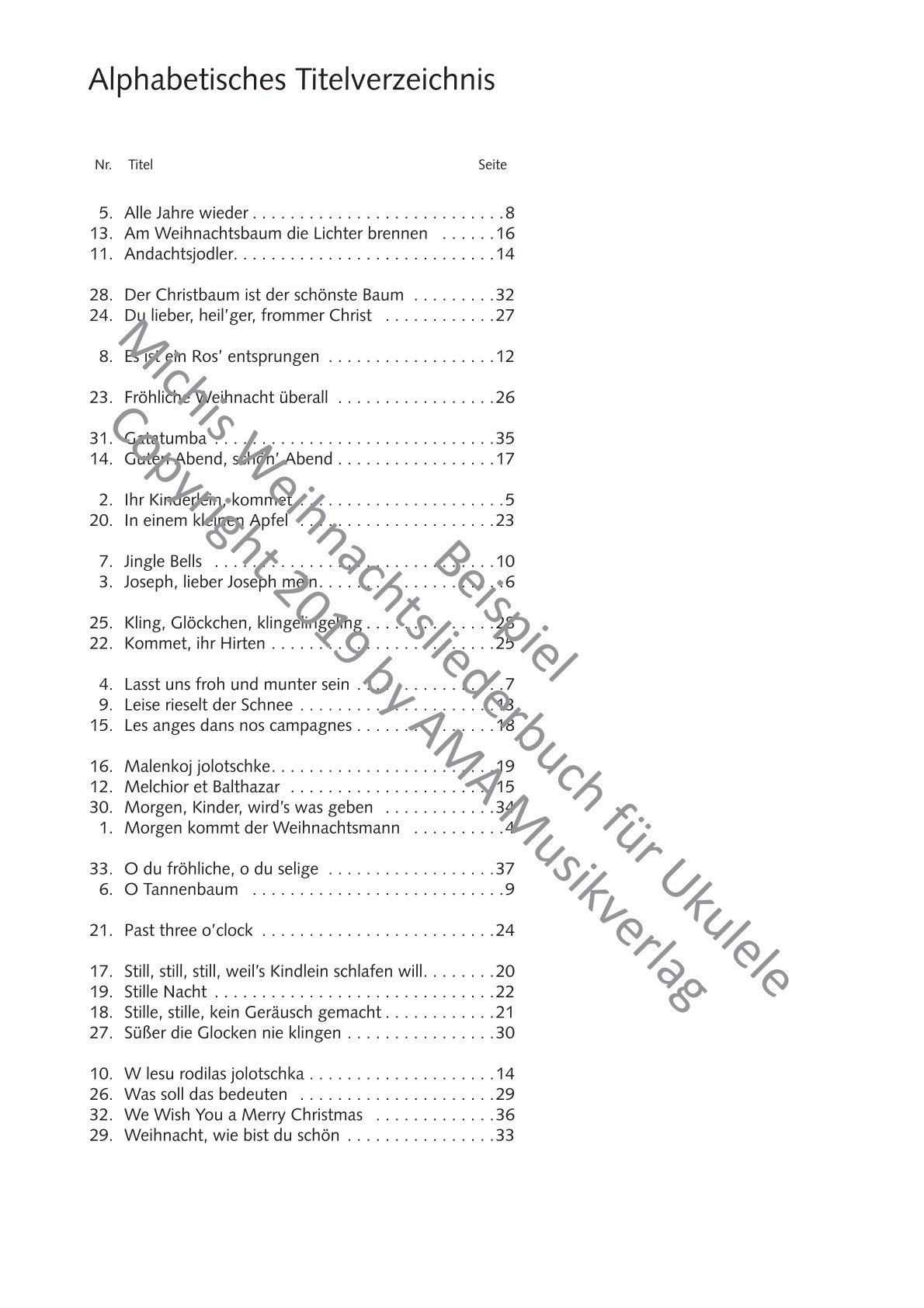 Weihnachtsliederbuch für Ukulele - 33 deutsche und internationale Weihnachtslieder - Noten-Text-Akkorde-Tabulatur