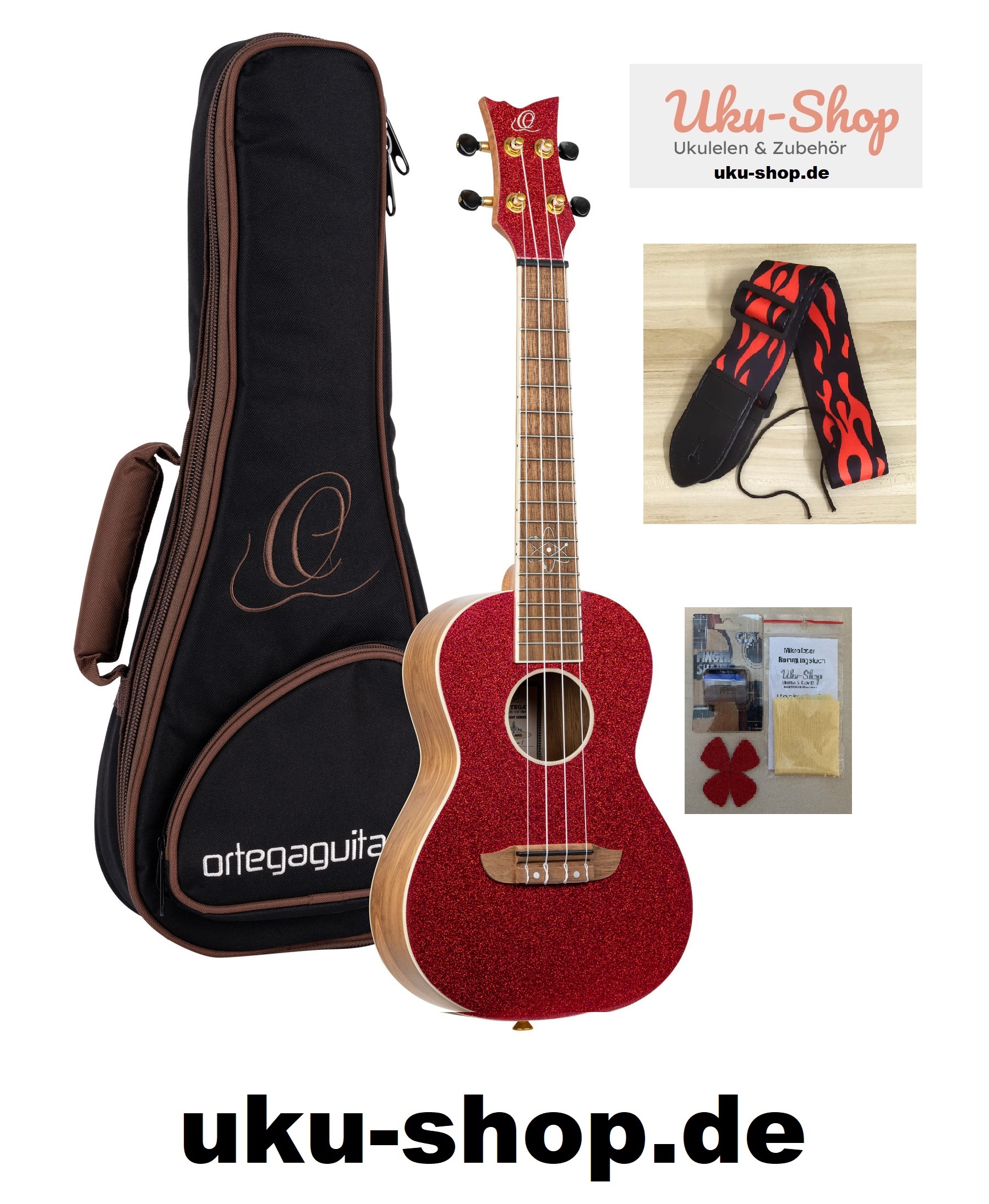 Ortega Konzert Ukulele metallic Rot mit Gigbag und Zubehör zum Sonderpreis