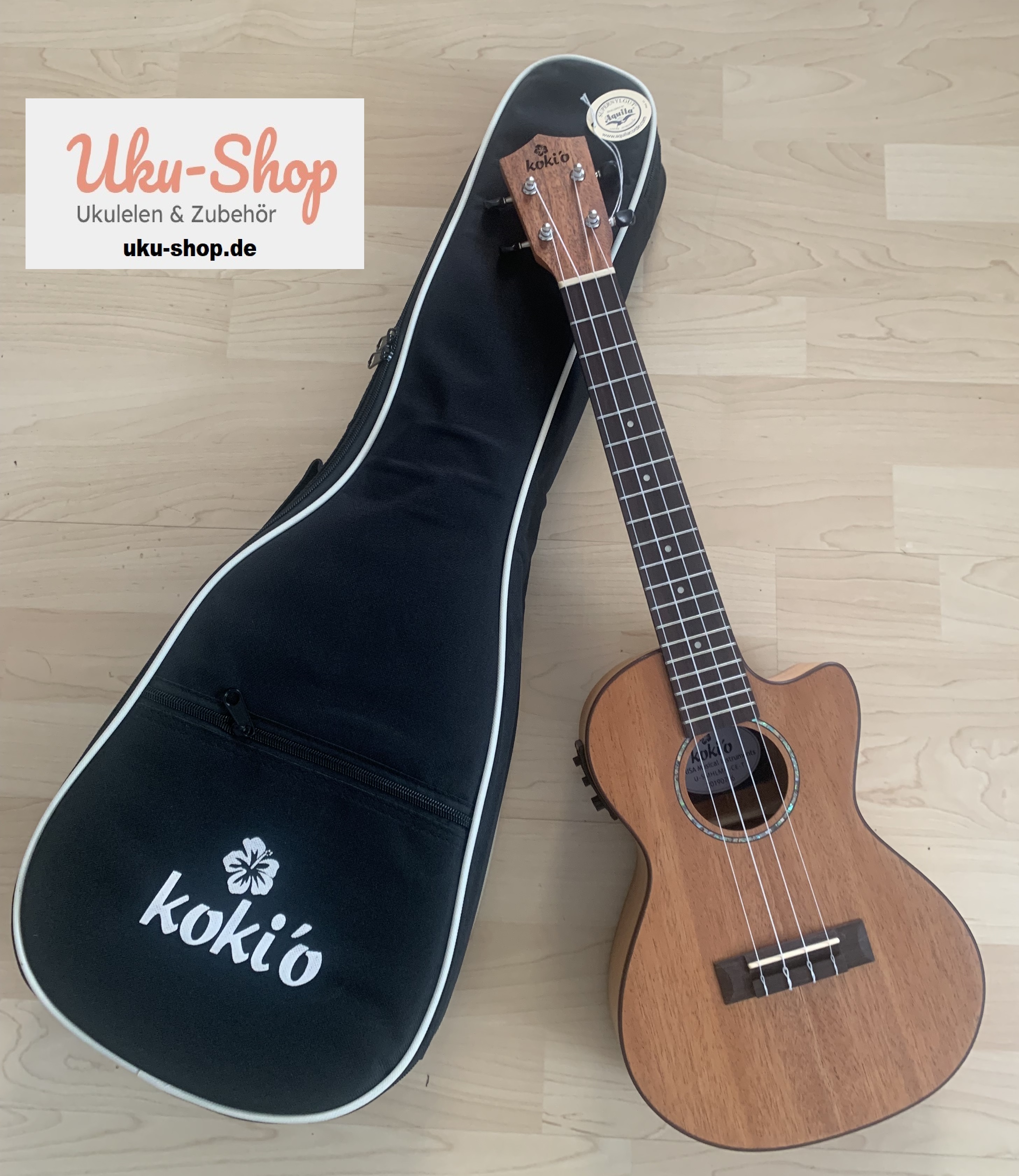 koki´o Tenor Ukulele mit Tonabnehmer + Gigbag massive Decke
